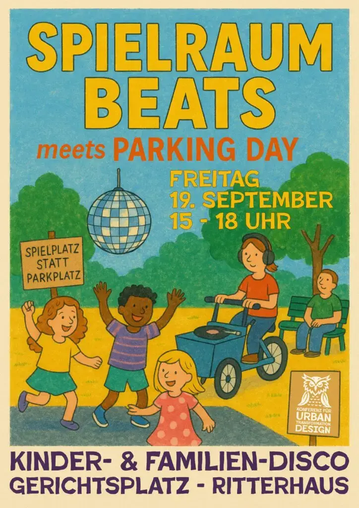 Das bunte Plakat für die Veranstaltung Spielraum Beats zeigt fröhliche Kinder, die unter einer Discokugel tanzen, spielen und Fahrrad fahren. Datum der Veranstaltung: 19. September, 15-18 Uhr. Ort: Gerichtsplatz-Ritterhaus. Familienfreundliche Disco.