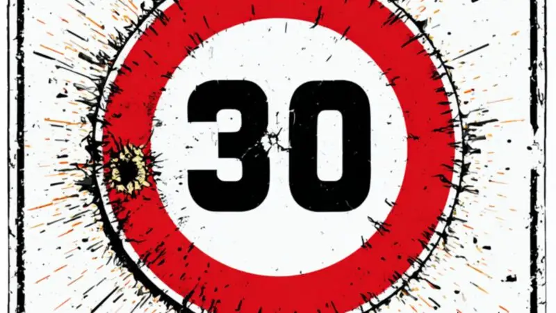 Ein deutsches Verkehrsschild mit einem rot umrandeten Kreis, der die Zahl 30 anzeigt und mit schwarzen Flecken übersät ist. Darüber steht TEMPO 30 und darunter TÖTET NICHT, was auf Englisch Speed 30 doesnt kill! bedeutet.