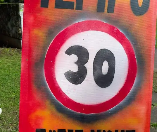 Ein rotes Schild auf einer Staffelei mit der Aufschrift TEMPO 30 TÖTET NICHT und dem Symbol für die Geschwindigkeitsbegrenzung 30 wirbt für eine Geschwindigkeitsbegrenzung auf 30 km/h. Das Schild steht im Freien auf Gras, mit Bäumen und Himmel im Hintergrund.