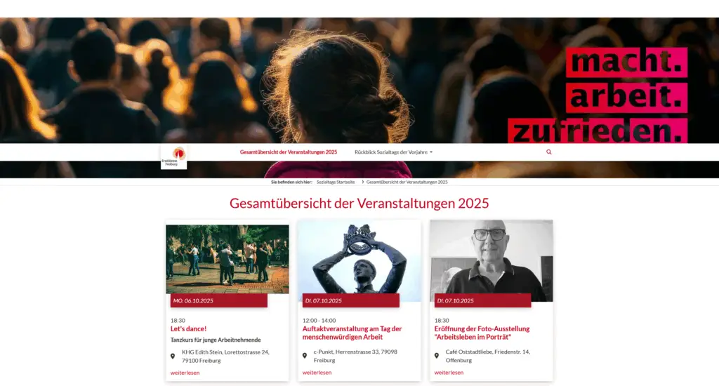 Screenshot einer deutschen Veranstaltungswebsite für das Jahr 2025. Die Seite zeigt ein Gruppenfoto, einen roten Slogan "macht. arbeit. zufrieden." und eine Liste von Veranstaltungen mit Bildern, Daten und kurzen Beschreibungen.