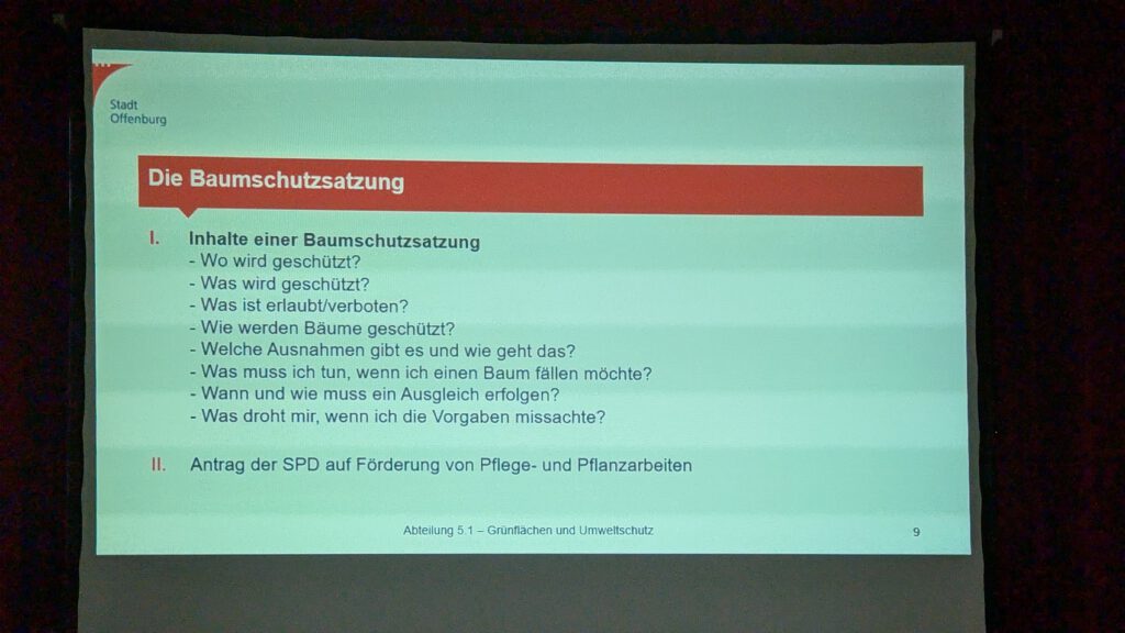Inhaltsangabe der Präsentation zur Baumschutzsatzung