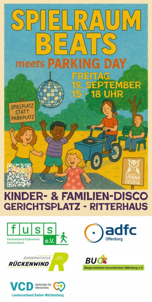 Plakat für die Veranstaltung Spielraum Beats meets Parking Day, das fröhliche Kinder beim Tanzen und Spielen in einem Park zeigt. Details zur Veranstaltung: Freitag, 15. September, 15-18 Uhr im Gerichtsplatz-Ritterhaus, Offenburg. Logos verschiedener Organisationen am unteren Rand.