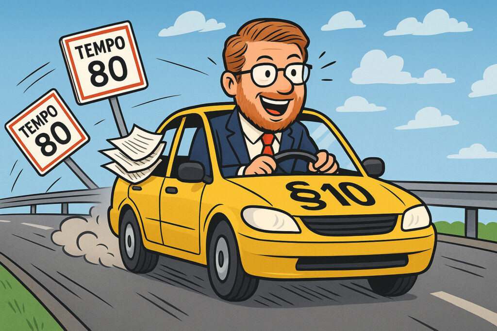 Karikatur eines lächelnden Anwalts im Anzug, der in einem gelben Auto mit der Aufschrift §10 an TEMPO 80-Schildern vorbeifährt, wobei die Papiere aus dem Fenster fliegen.