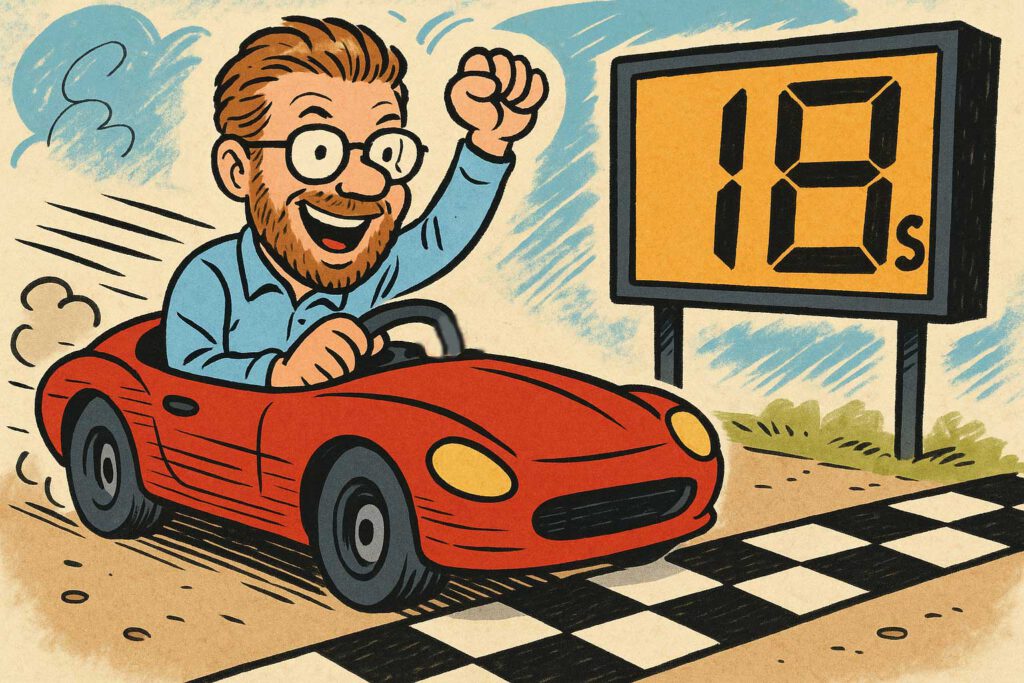 Ein Cartoon-Mann mit Brille und Bart fährt mit einem roten Auto über eine Ziellinie und hebt feierlich die Faust. Ein digitaler Timer am Straßenrand zeigt "18s" an. Der Hintergrund ist bunt und energiegeladen.