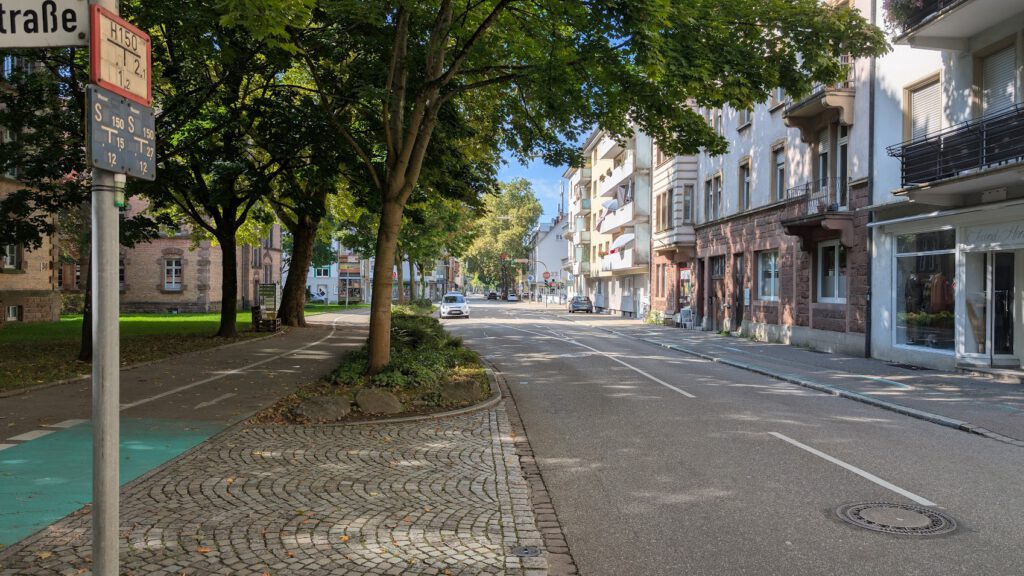 Eine ruhige, von Bäumen und geparkten Autos gesäumte Stadtstraße, die auf der einen Seite von einem Bürgersteig und mehrstöckigen Gebäuden und auf der anderen Seite von einer Rasenfläche begrenzt wird. Das Sonnenlicht dringt durch die Bäume und wirft schräge Schatten.