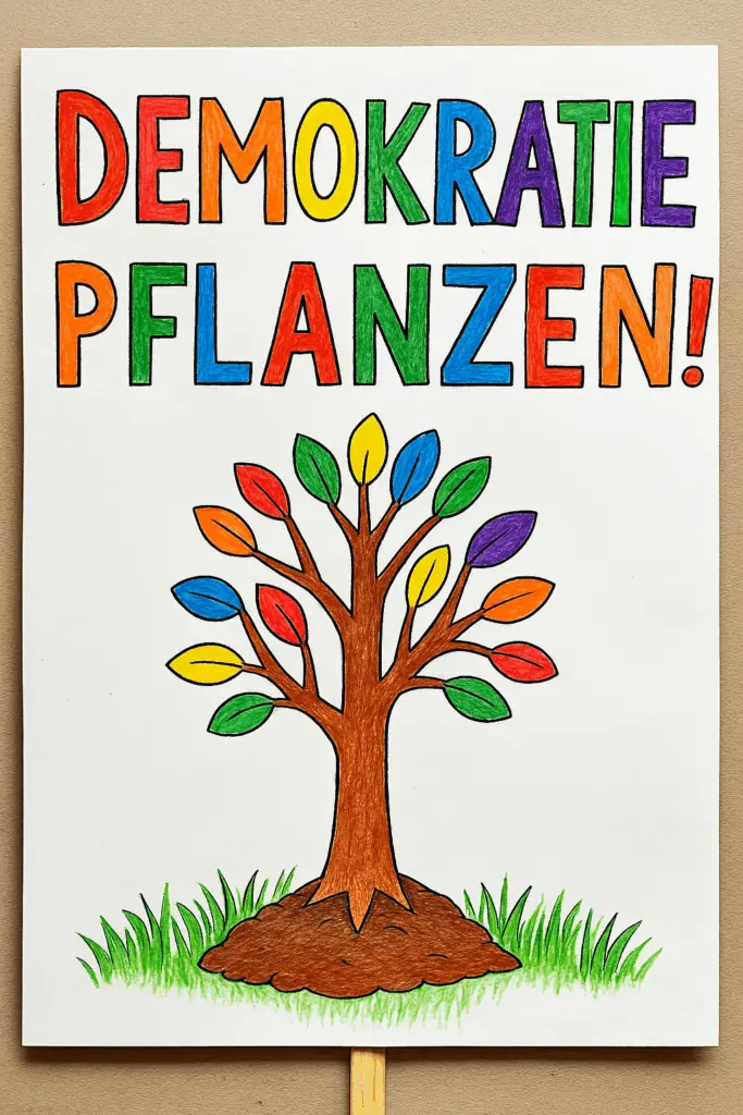 Ein Protestschild mit der bunten Aufschrift Demokratie pflanzen! über der Zeichnung eines Baumes mit bunten Blättern auf grünem Gras, die Wachstum und Vielfalt in der Demokratie symbolisieren.