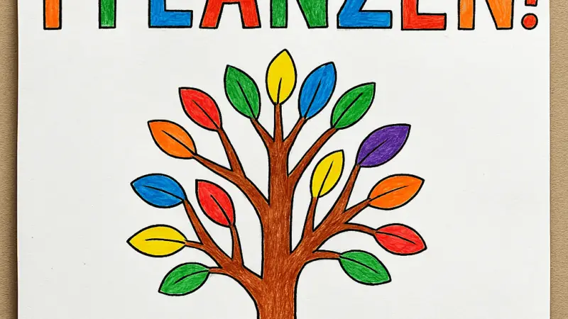 Ein Protestschild mit der bunten Aufschrift Demokratie pflanzen! über der Zeichnung eines Baumes mit bunten Blättern auf grünem Gras, die Wachstum und Vielfalt in der Demokratie symbolisieren.