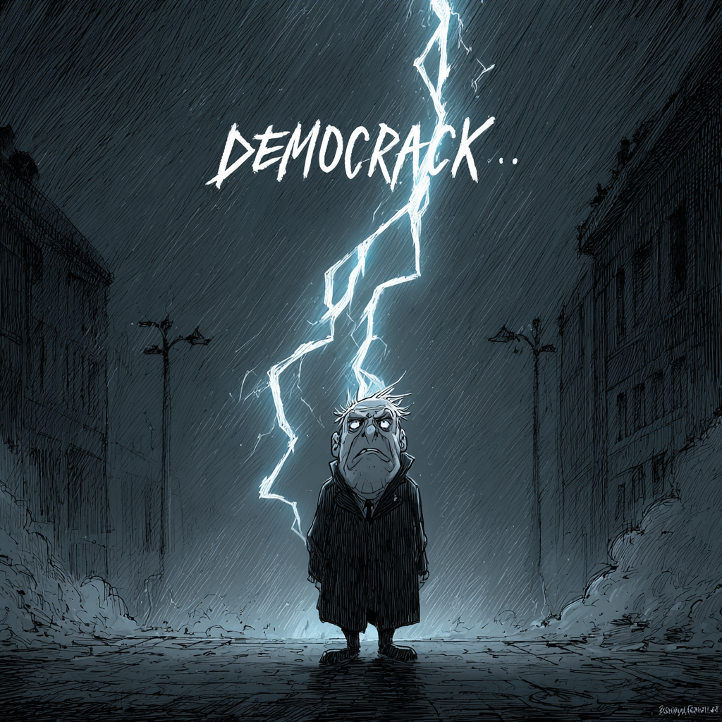 Ein düsterer Cartoon-Mann steht allein auf einer dunklen, leeren Straße, während über ihm ein Blitz einschlägt und das Wort DEMOCRACK... in gezackten Buchstaben in den Himmel geschrieben ist.