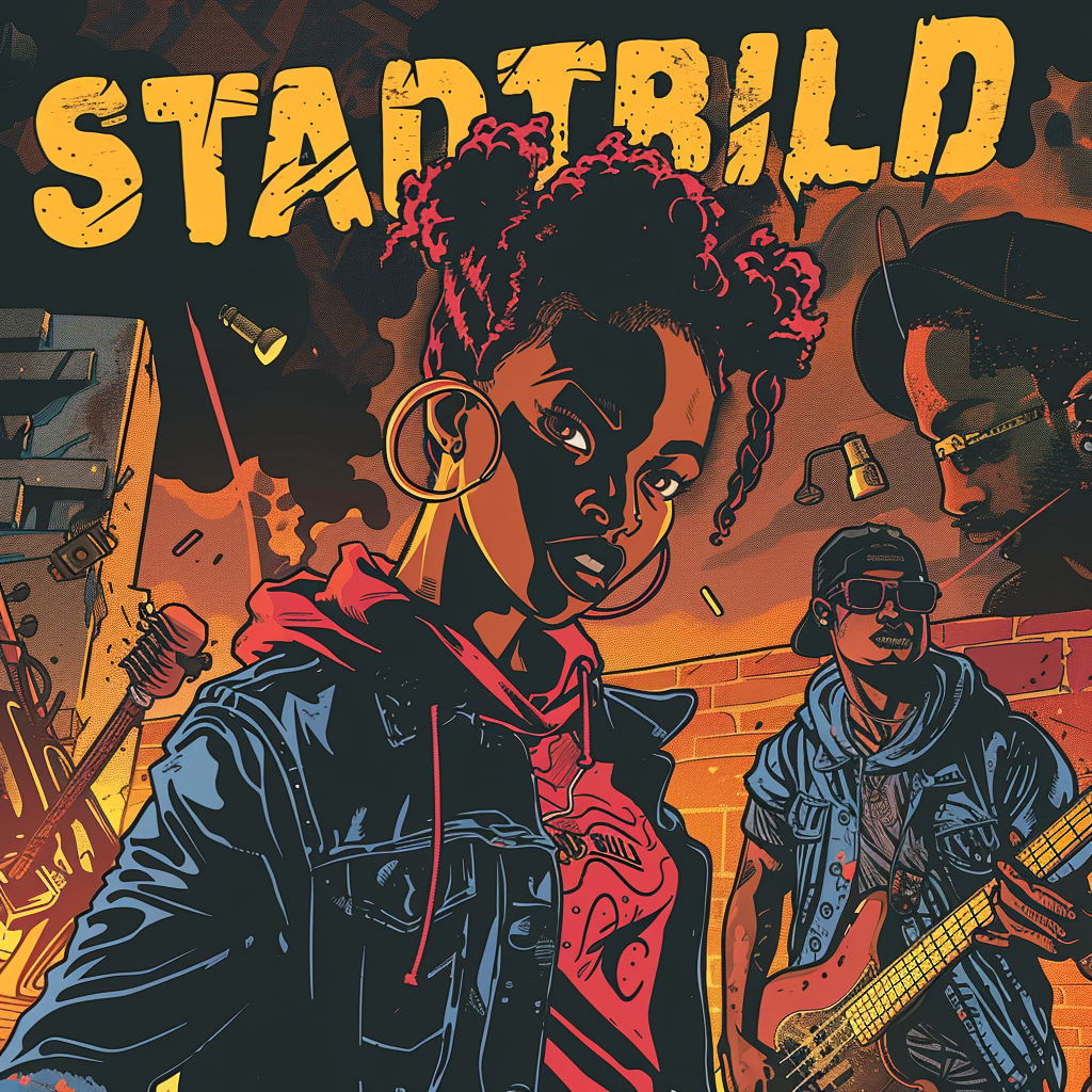 Eine stilisierte Illustration im Comic-Stil von zwei Musikern in einer lebhaften städtischen Gasse, mit fettem STADTBILD-Text darüber. Die Frau im Vordergrund hat lockiges Haar, Ohrringe und eine Jeansjacke; der Mann im Hintergrund hält eine Bassgitarre.