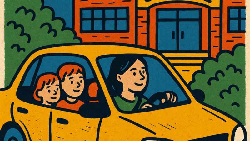 Eine lächelnde Frau fährt zwei Kinder in einem gelben Auto an einem Schulgebäude vorbei. Der deutsche Text lautet: "Da ist zu viel Verkehr für Emilia und Noah, also fahren wir sie", was übersetzt bedeutet: "Da ist zu viel Verkehr für Emilia und Noah, also fahren wir sie.
