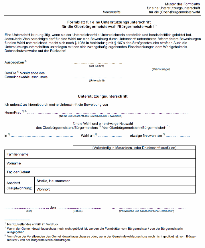 Ein Formular in deutscher Sprache mit dem Titel Formblatt für eine Unterstützungsunterschrift für die Bürgermeisterwahl, mit Feldern für Angaben zum Antragsteller und Unterstützer, Unterschrift und amtliche Bescheinigung. Das Layout ist strukturiert und textlastig.