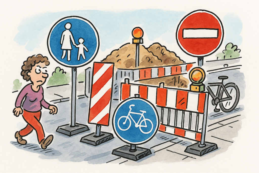 Eine Frau geht an Straßenschildern und Absperrungen vorbei, die einen Geh- und Radweg aufgrund von Bauarbeiten blockieren. Neben den Absperrungen sind ein Haufen Erde und ein Fahrrad zu sehen.