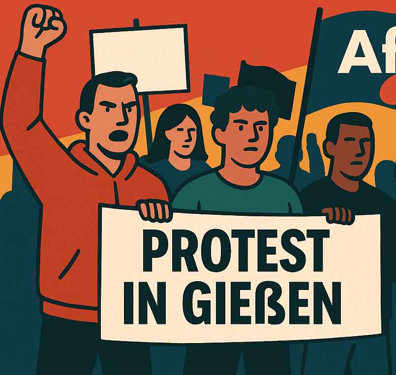 Illustration einer Gruppe von Menschen, die protestieren und Schilder halten. Auf dem vorderen Schild steht "Protest in Gießen". Die Menge sieht ernst aus, und einige halten die Fäuste hoch. Im Hintergrund sind ein Teil einer Flagge und ein weiteres Schild zu sehen.