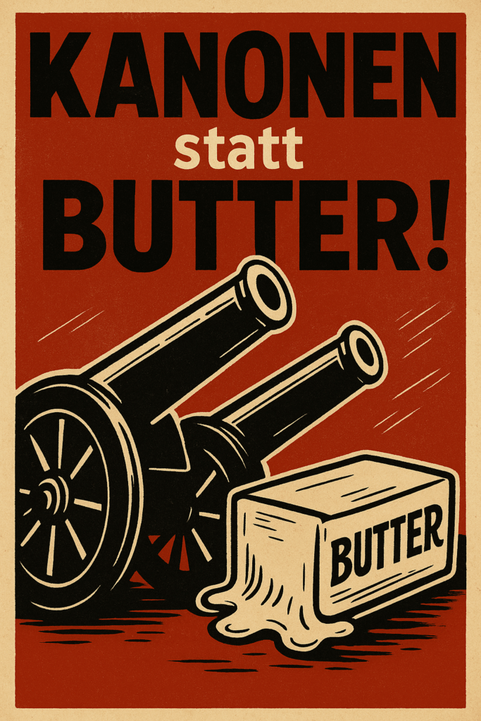 Ein illustriertes Plakat zeigt zwei Kanonen, die auf eine schmelzende Butterstange mit der Aufschrift "BUTTER" gerichtet sind. Darüber steht in fetter deutscher Schrift "KANONEN statt BUTTER!" auf rotem Hintergrund mit beigem Rand.