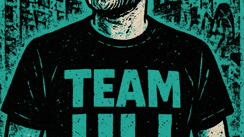 Illustration von Uli Albicker, der mit den Händen hinter dem Rücken steht und lächelt. Er trägt ein Hemd mit der Aufschrift "TEAM ULI". Im Hintergrund ist eine stilisierte Stadtlandschaft in blaugrünen und schwarzen Tönen zu sehen.