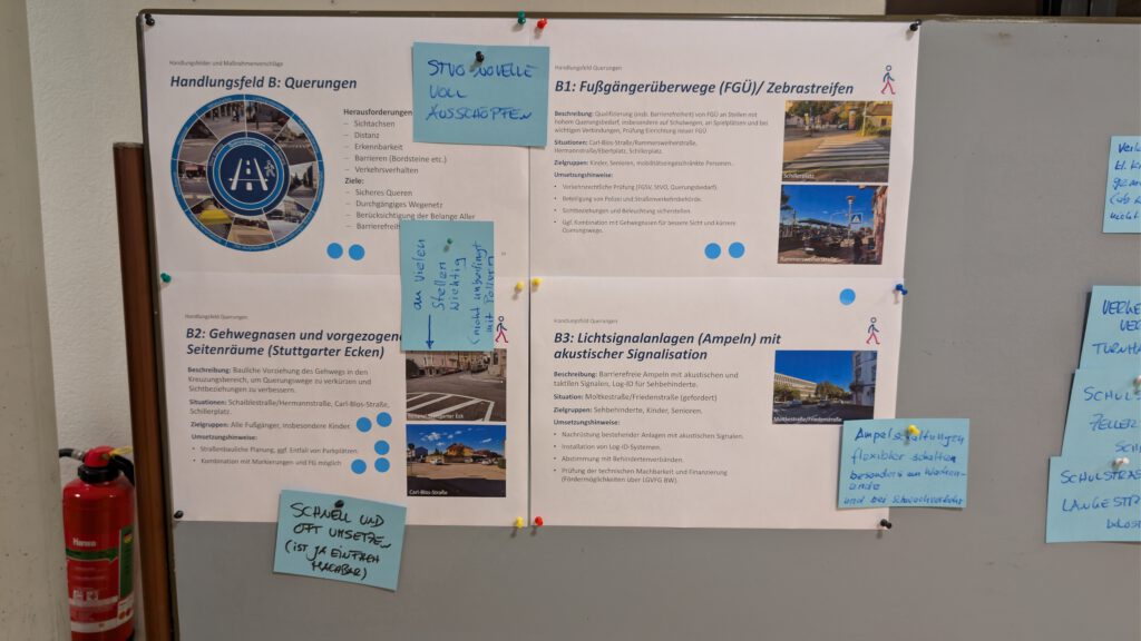 An einer Pinnwand hängen Poster, Notizen und Diagramme über Fußgängerüberwege und Verkehrssicherheit. An der Wand daneben sind blaue Haftnotizen und ein roter Feuerlöscher angebracht.