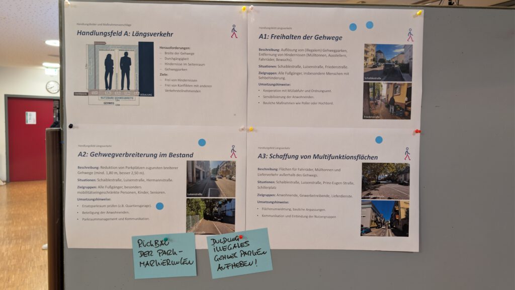 Eine Pinnwand mit vier gedruckten Blättern, die städtebauliche Initiativen beschreiben, einschließlich Diagrammen und Fotos von Straßen. Zwei blaue Haftnotizen am unteren Rand erwähnen illegales Parken und Fahrradspuren. Der Hintergrund zeigt einen Teil eines Innenflurs.
