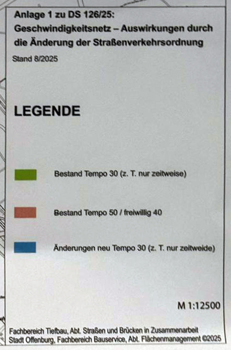 Eine deutsche Kartenlegende mit Farbcodes: grün für Tempolimit 30 (Teilzeit), rot für Tempolimit 50 oder freiwilliges Tempolimit 40 und blau für Änderungen auf das neue temporäre Tempolimit 30. Titel und Maßstab 1:12500 sind ebenfalls sichtbar.