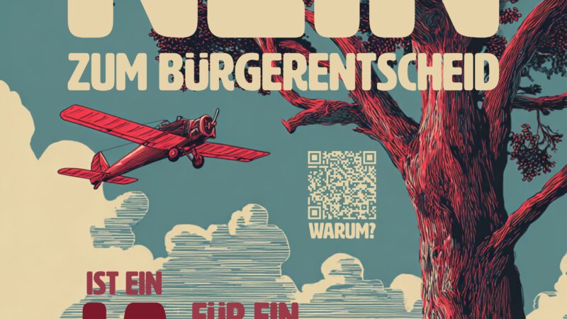 Ein Plakat im Vintage-Stil zeigt ein rotes Flugzeug, das über einen Baum und eine Fabrik fliegt. Der fettgedruckte deutsche Text lautet: Dein Nein zum Bürgerentscheid ist ein Ja für ein lebenswertes Offenburg. Am unteren Rand erscheinen ein QR-Code und ein weißes Eulenlogo.