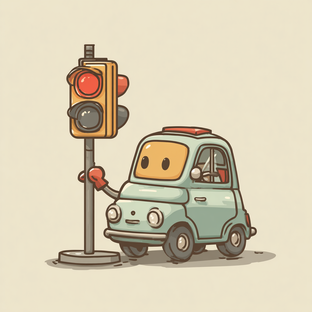 Ein niedliches Cartoon-Auto mit einem freundlichen Gesicht wartet an einer roten Ampel, wobei eine Hand den Ampelmast berührt, auf einem hellbeigen Hintergrund.