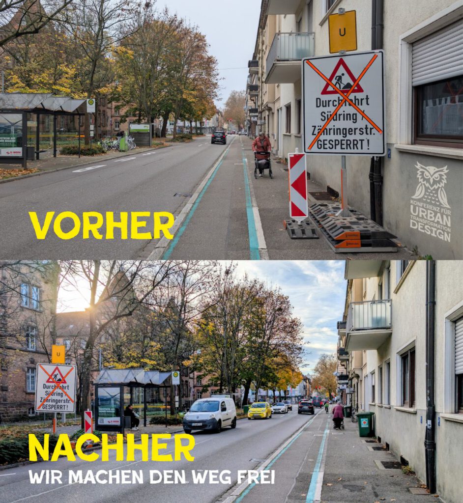 Zwei Fotos einer Straße nebeneinander: Das obere zeigt einen gesperrten Radweg mit einem Umleitungsschild (Vorher), das untere zeigt den freigegebenen Radweg mit Verkehr und Fahrrädern (Nachher - Wir machen den Weg frei).