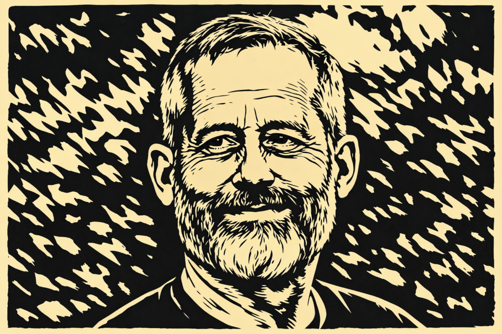 Eine stilisierte schwarze und beige Illustration von Uli Albicker, eines Mannes mittleren Alters mit kurzen Haaren, einem Vollbart und einem Schnurrbart, der sanft lächelt, mit einem abstrakten, strukturierten Hintergrund.
