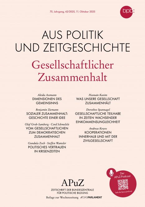 Das Titelblatt einer wissenschaftlichen Zeitschrift mit dem Titel Aus Politik und Zeitgeschichte zeigt das Hauptthema Gesellschaftlicher Zusammenhalt mit einer Liste der beteiligten Autoren und Artikeln über den sozialen Zusammenhalt. Der Hintergrund ist hellrosa.