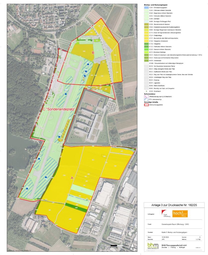 Eine detaillierte Flächennutzungskarte mit grün und gelb markierten Zonen, mit A und B gekennzeichneten Flächen, einer Legende zur Erläuterung der verschiedenen Flächennutzungen und den umgebenden städtischen und ländlichen Landschaften.