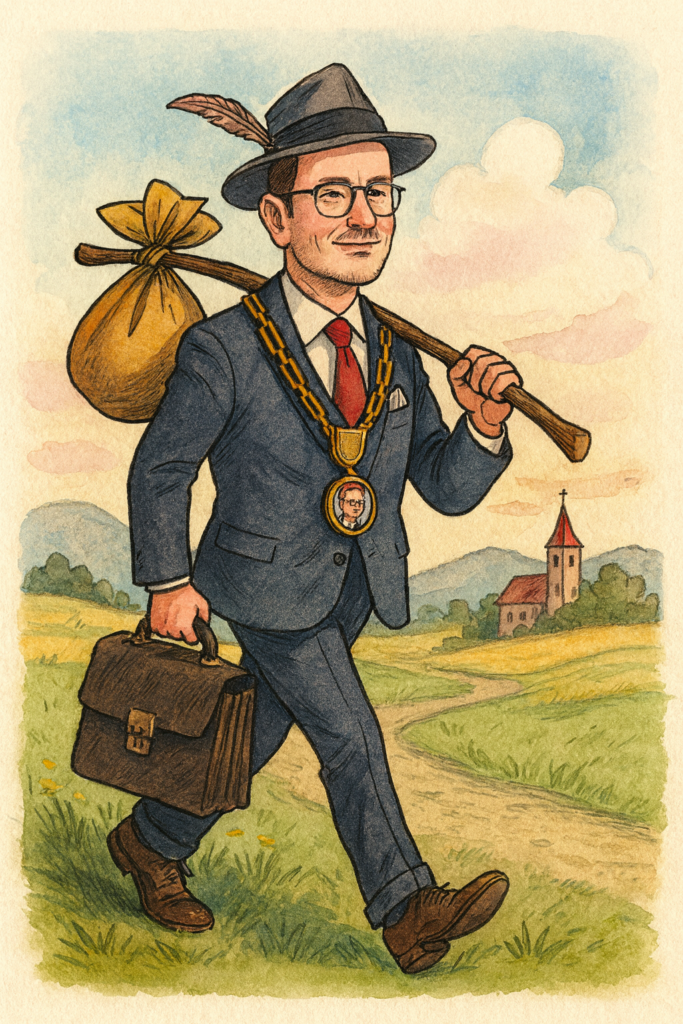 Ein Mann in Anzug und Hut geht auf einem Feldweg, er trägt einen Sack auf einem Stock und eine Aktentasche. Er trägt ein goldenes Medaillon mit einem Porträt darauf. Im Hintergrund sind eine kleine Kirche und Hügel zu sehen.