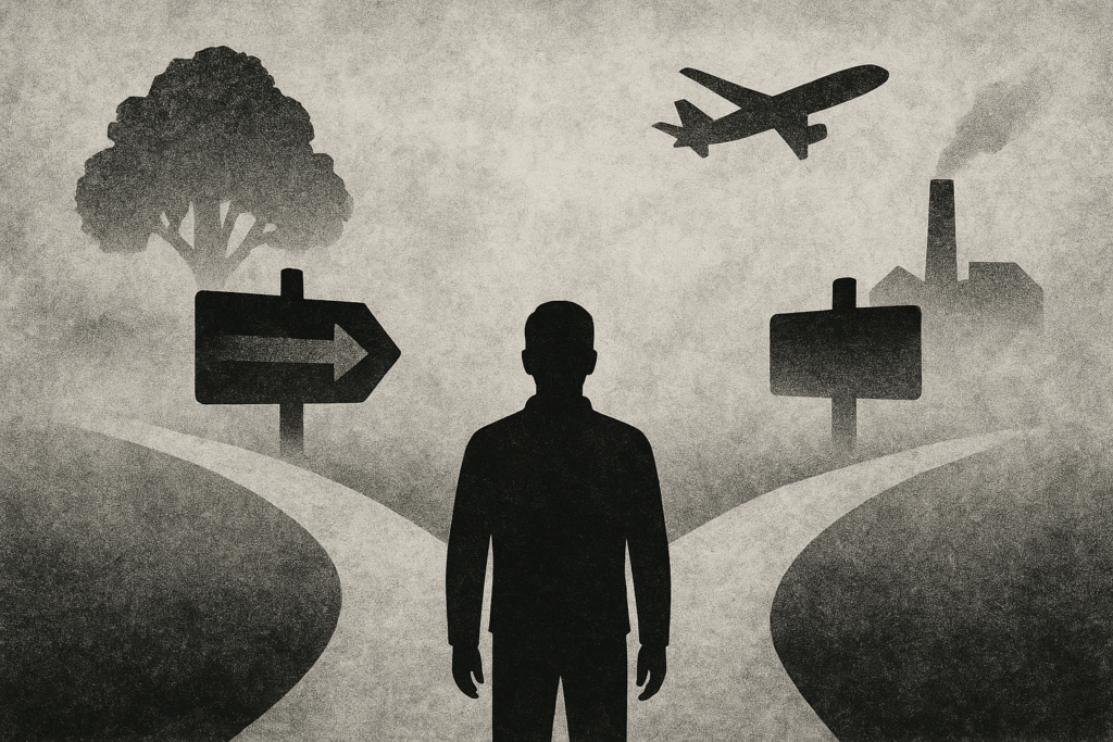 Eine Silhouette einer Person steht an einem sich gabelnden Weg. Ein Weg führt zu einem Baum, der andere zu einer Fabrik mit Rauch. Schilder mit Pfeilen weisen in jede Richtung, und ein Flugzeug fliegt vor einem wolkigen, strukturierten Hintergrund über uns hinweg.