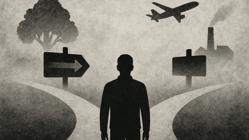 Eine Silhouette einer Person steht an einem sich gabelnden Weg. Ein Weg führt zu einem Baum, der andere zu einer Fabrik mit Rauch. Schilder mit Pfeilen weisen in jede Richtung, und ein Flugzeug fliegt vor einem wolkigen, strukturierten Hintergrund über uns hinweg.