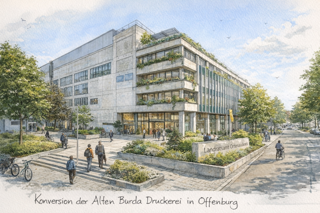 Alte Burda Druckerei in Konversion. Ein modernes städtisches Gebäude mit begrünten Balkonen, Spaziergängern und Radfahrern in der Nähe und Bäumen entlang der Straße. Bildunterschrift: Umbau der Alten Burda Druckerei in Offenburg (Konversion der Alten Burda Druckerei in Offenburg).