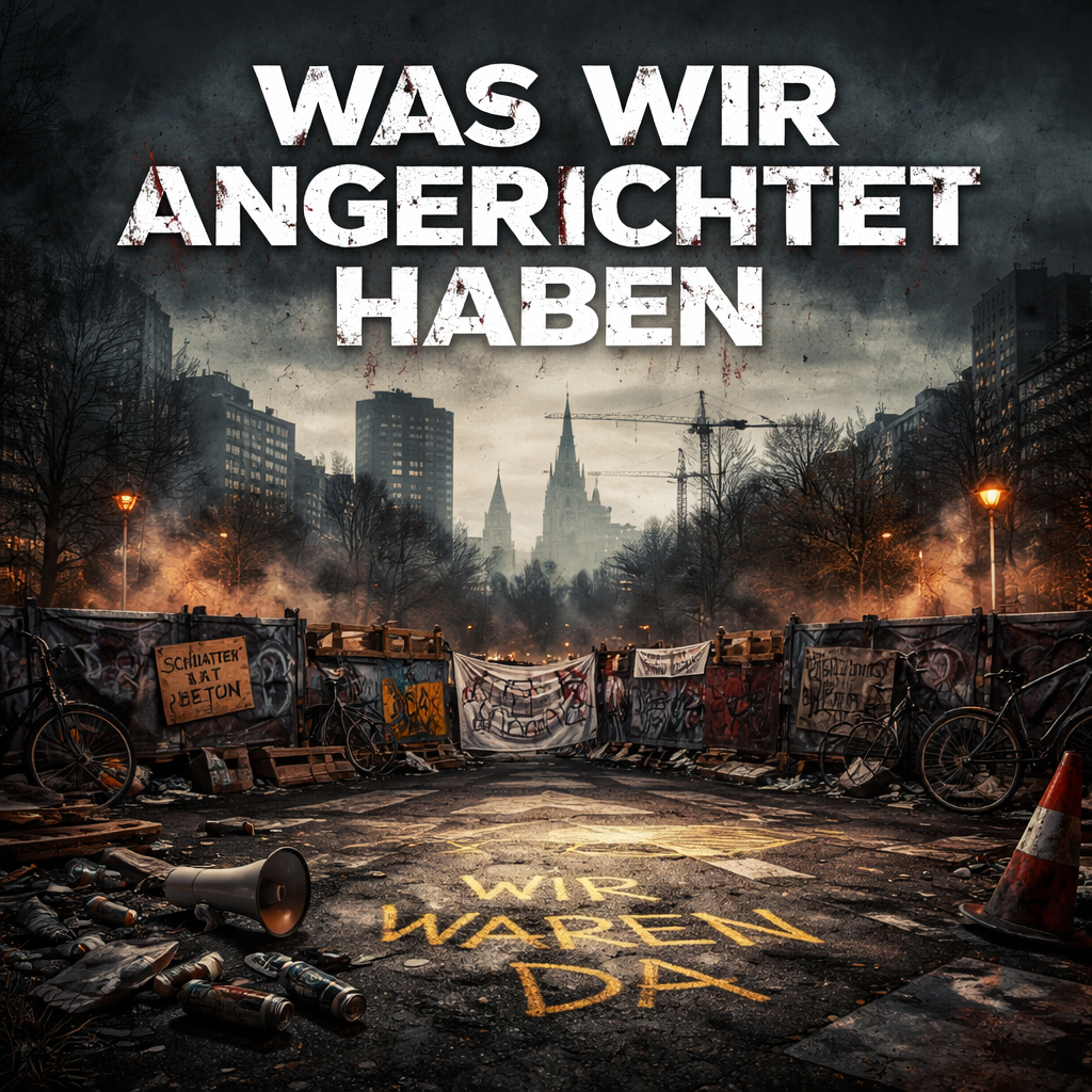 Eine verbarrikadierte Stadtstraße mit Graffiti, verstreuten Trümmern und Protestbannern. Der Text WAS WIR ANGERICHTET HABEN erscheint darüber und WIR WAREN DA ist auf den Bürgersteig geschrieben. Die Szene ist dunkel und dramatisch.