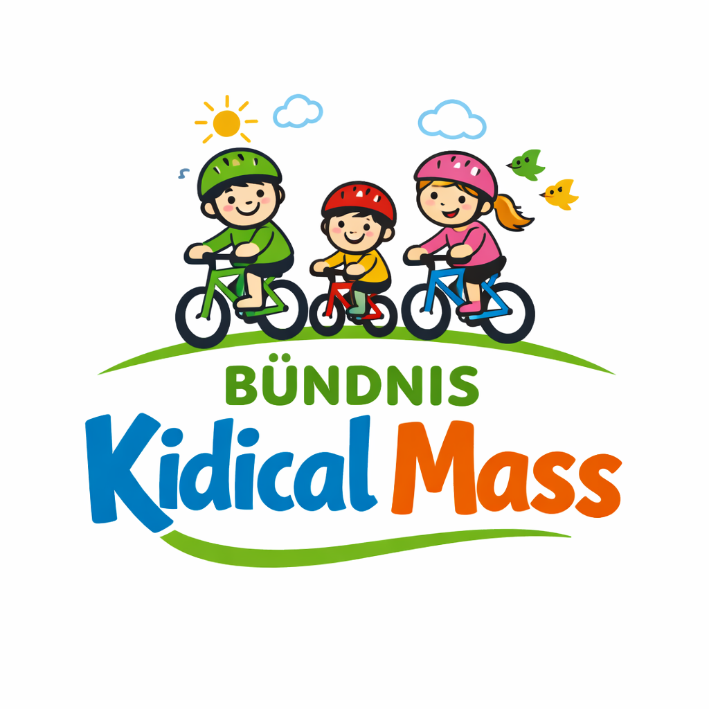 Illustration von drei lächelnden Kindern auf Fahrrädern, die alle Helme tragen. Im Hintergrund sind eine Sonne, Vögel und Wolken zu sehen. Unter ihnen steht der Text Bündnis Kidical Mass in bunten, verspielten Buchstaben.