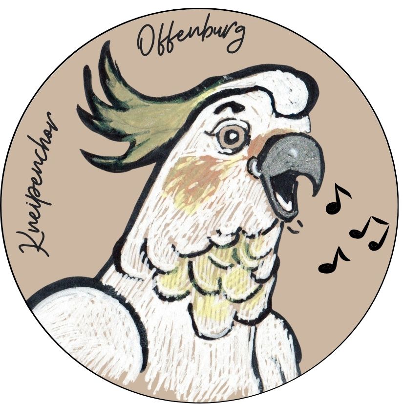 Illustration eines Kakadus mit erhobenem Kamm, offenem Schnabel und Musiknoten in der Nähe. Die Worte Offenburg und Kneipenchor sind um den Vogel herum auf einem beigefarbenen runden Hintergrund geschrieben.