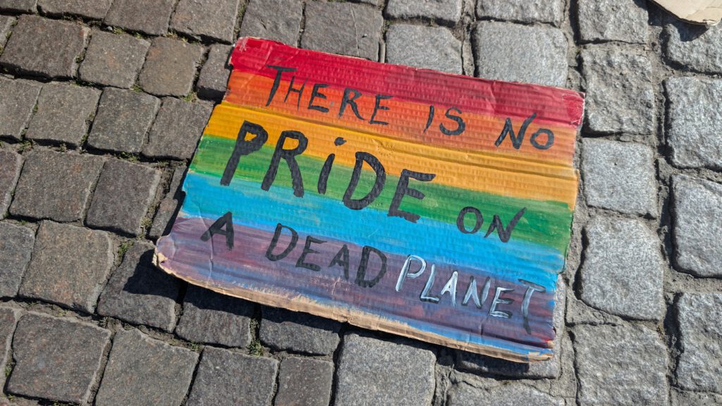 Ein mit Regenbogenstreifen bemaltes Pappschild liegt auf den Pflastersteinen und zeigt die Botschaft "Es gibt keinen Stolz auf einem toten Planeten".