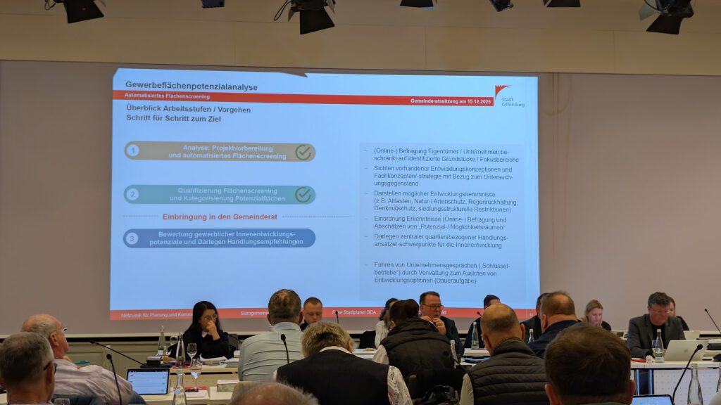 Eine Gruppe von Personen sitzt an Tischen mit Laptops und Dokumenten und blickt auf eine große Präsentationsfolie, die an die Wand projiziert wird. Die Folie enthält ein Flussdiagramm und einen deutschen Text über die Standortanalyse von Unternehmen.