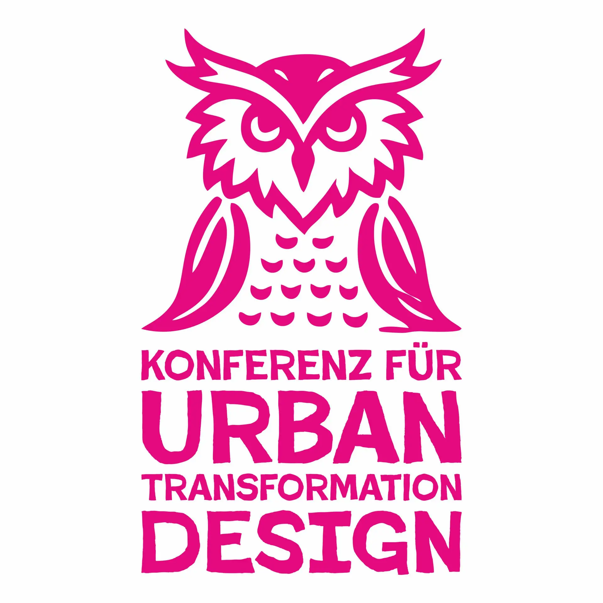 Eine stilisierte rosa Eule sitzt über dem fettgedruckten Text "Konferenz für Urban Transformation Design" auf weißem Hintergrund.