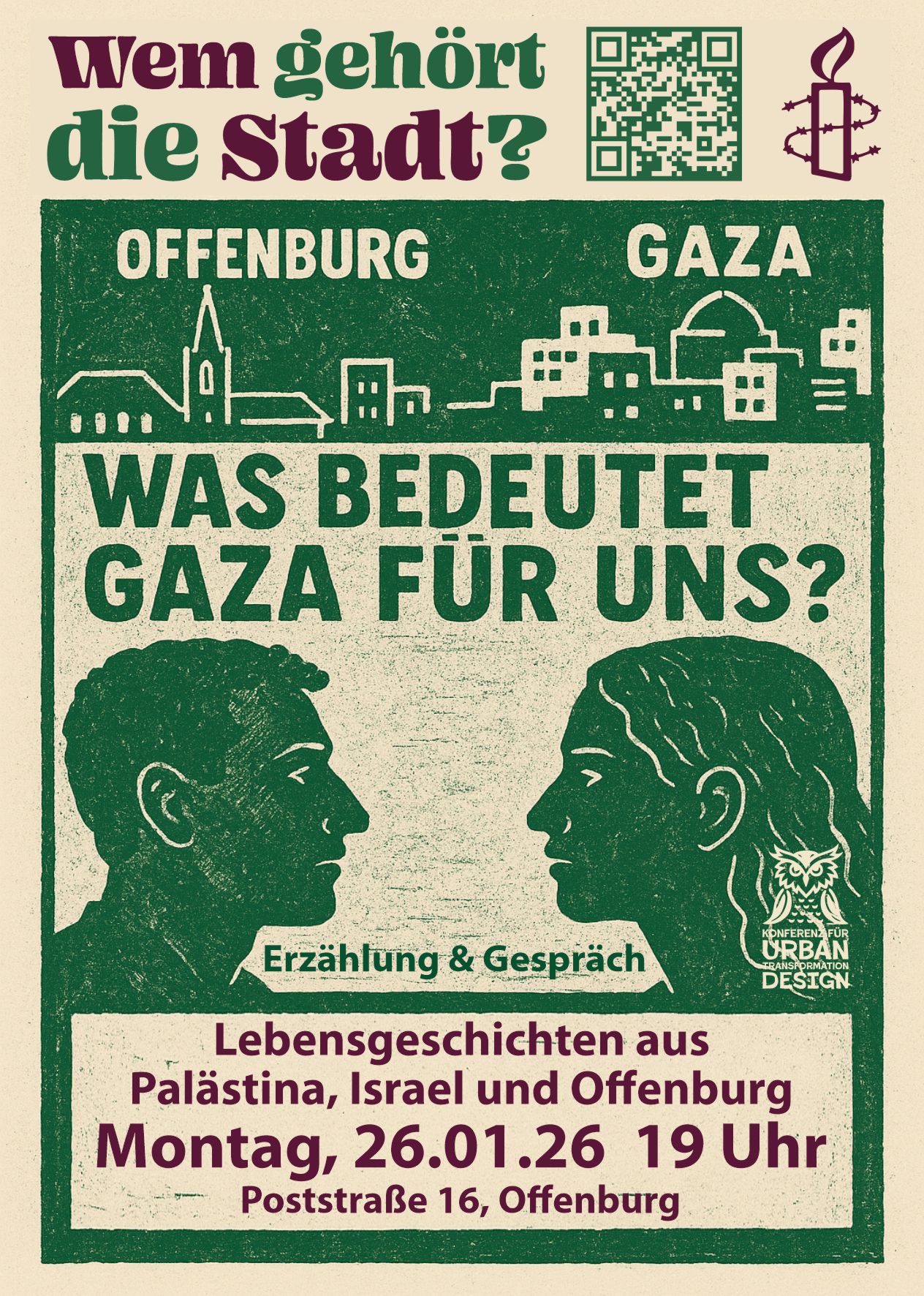 Veranstaltungsplakat mit grünen Illustrationen von zwei Menschen, die sich gegenüberstehen, Stacheldraht und einer Stadtlandschaft. Im Text geht es um die Bedeutung von Gaza, das Erzählen von Geschichten und einen Vortrag am 26. Januar 2026 in Offenburg. Enthält Amnesty-Logo und QR-Code.