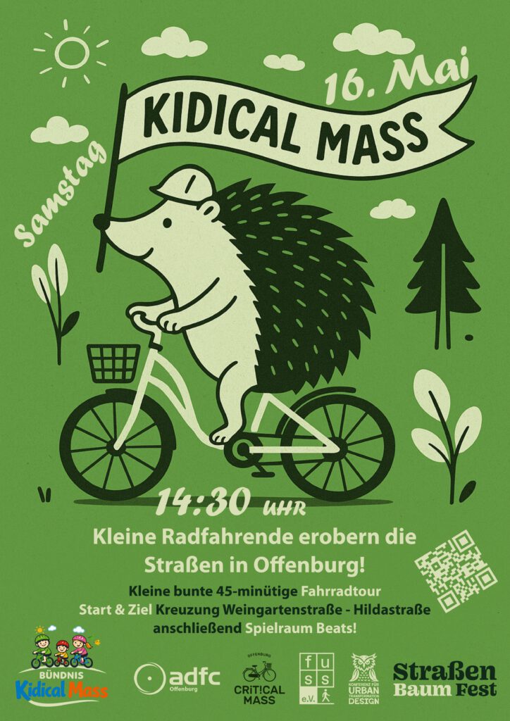 Ein fröhlicher Cartoon-Igel fährt auf einem Fahrrad und trägt einen Baum auf seinem Rücken, vor einem grünen Hintergrund. Der Text wirbt für die Fahrradveranstaltung Kidical Mass am 16. Mai um 14:30 Uhr in Offenburg, mit den Logos der unterstützenden Organisationen.