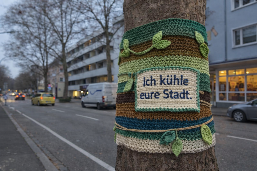 Ein Baum in einer Stadtstraße ist in bunten Häkelstoff mit grünen Blättern und einem Schild mit der Aufschrift "Ich kühle eure Stadt" eingewickelt. Im Hintergrund sind Autos und Wohnhäuser zu sehen.