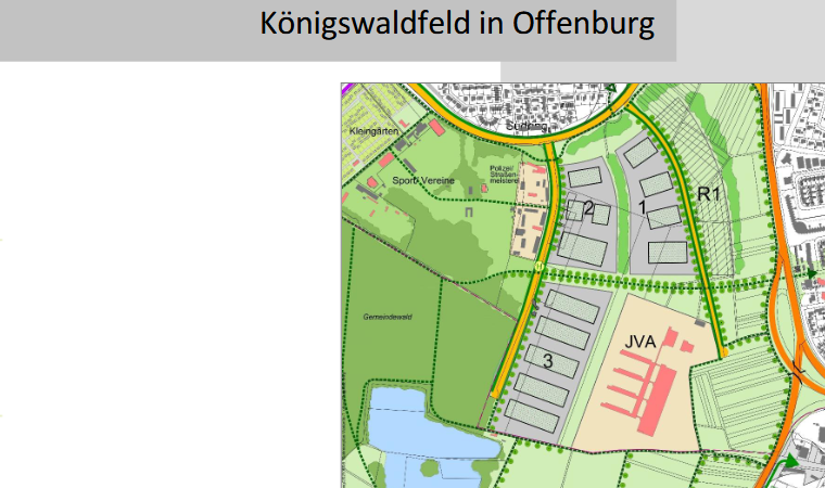 Eine Karte mit dem Titel Stadtklimatische Analyse zum Planvorhaben Königswaldfeld in Offenburg zeigt Flächennutzungszonen, Grünflächen, Straßen und Gebäude, einschließlich der beschrifteten Abschnitte R1, L3 und JVA.