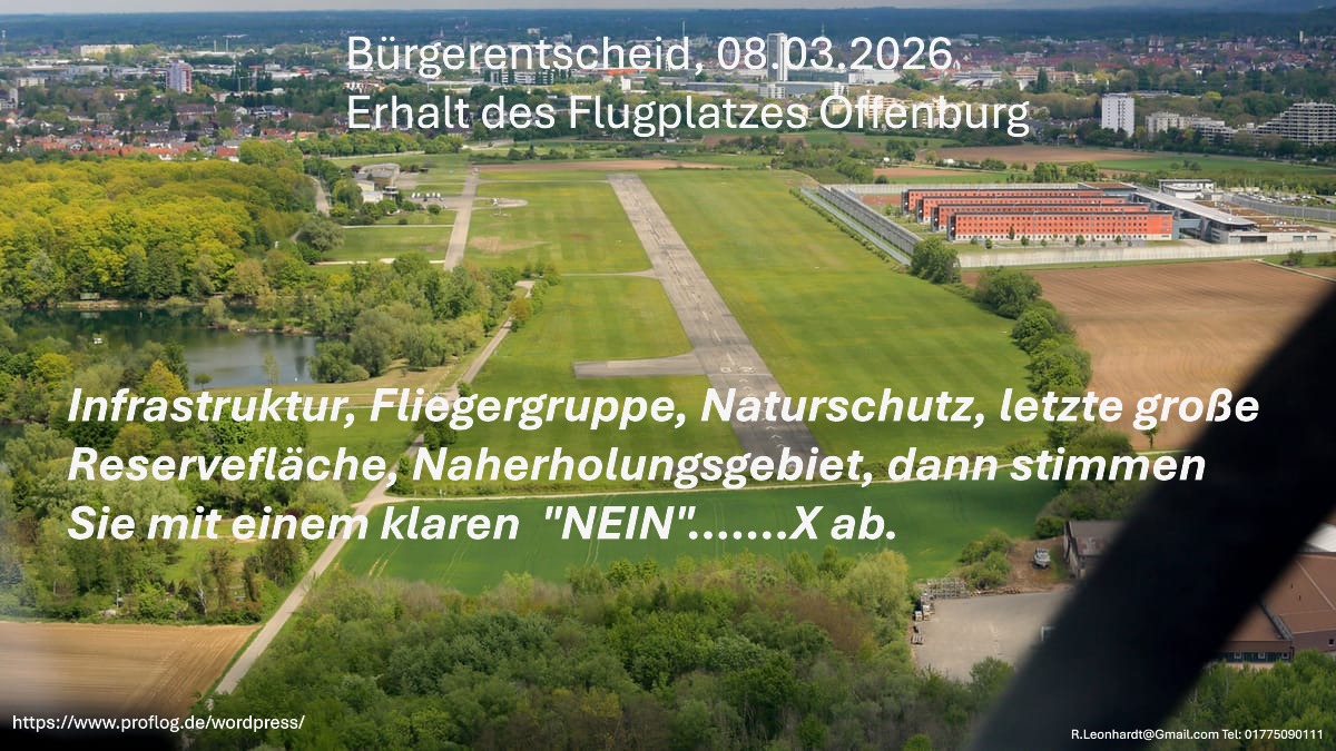 Luftaufnahme eines Flugplatzes mit Grünflächen und einer Start- und Landebahn, überlagert mit einem deutschen Text, der die Bürger auffordert, bei einem Volksentscheid zum Erhalt des Flugplatzes Offenburg am 8. März 2026 mit NEIN zu stimmen.