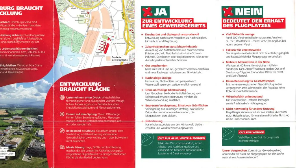 Eine rot-grüne Broschüre mit Text und einer Karte.