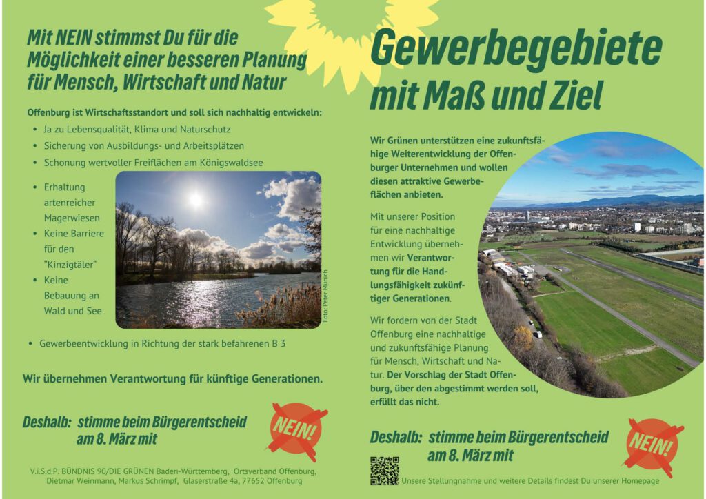 Flugblatt mit grünem und gelbem Text zur Abstimmung über Gewerbegebiete, mit Landschaftsfotos von grünen Wiesen und Industriegebieten, mit roten "NEIN!"-Symbolen und ausführlichen Argumenten für die Ablehnung einer Vorlage.