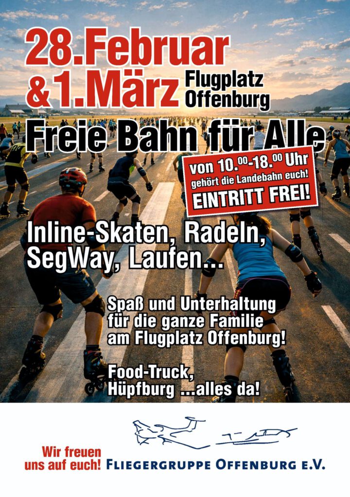 Menschen auf Rollschuhen auf der Landebahn eines Flughafens mit Bergen im Hintergrund. Veranstaltungsdetails für Inline-Skating, Radfahren, Segways und mehr auf dem Flugplatz Offenburg am 28. Februar und 1. März. Der Eintritt ist frei; es werden Familienaktivitäten angekündigt.