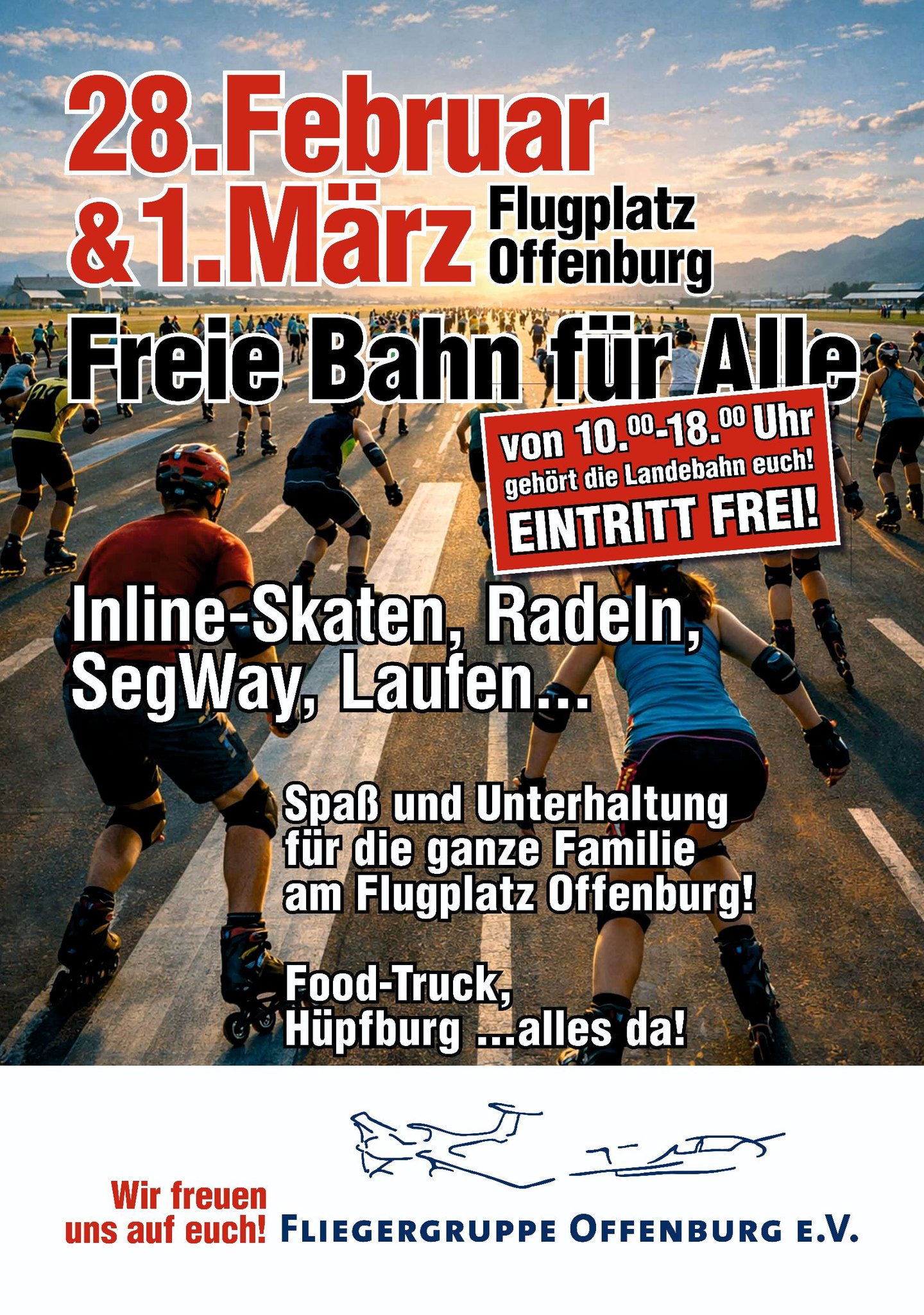 Menschen auf Rollschuhen auf der Landebahn eines Flughafens mit Bergen im Hintergrund. Veranstaltungsdetails für Inline-Skating, Radfahren, Segways und mehr auf dem Flugplatz Offenburg am 28. Februar und 1. März. Der Eintritt ist frei; es werden Familienaktivitäten angekündigt.