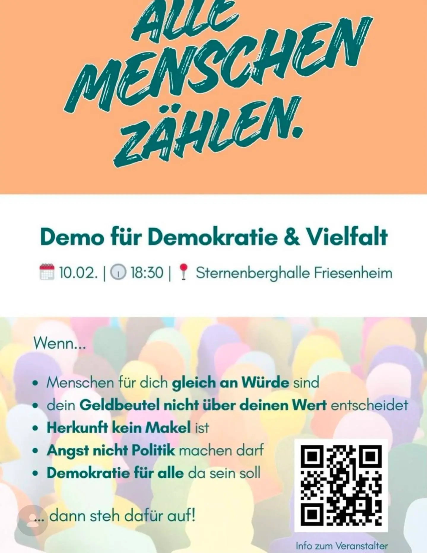 Plakat für eine Demonstration für Demokratie und Vielfalt am 10. Februar um 18:30 Uhr in der Sternenberghalle Friesenheim, mit farbigem Hintergrund und Kernaussagen zu Gleichheit, Würde, Vielfalt und politischer Teilhabe.