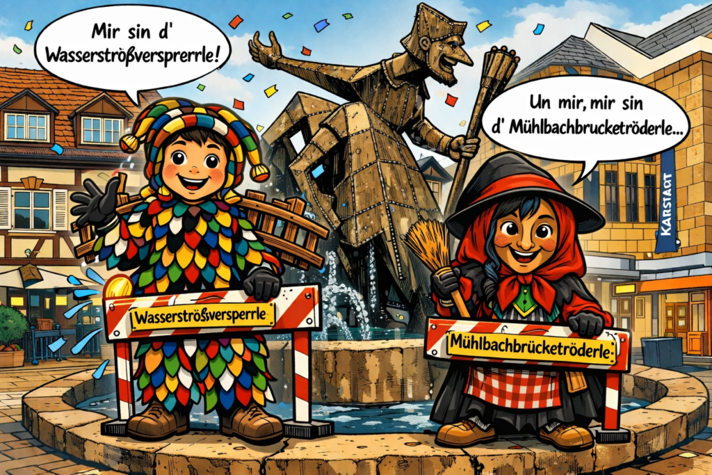 Zwei lächelnde Kinder in farbenfrohen Karnevalskostümen stehen vor einem lebendigen Brunnen und einer Statue auf einem Stadtplatz, halten jeweils ein Schild mit ihren Kostümnamen in deutschem Dialekt und sprechen in Sprechblasen. Konfetti füllt die Luft.
