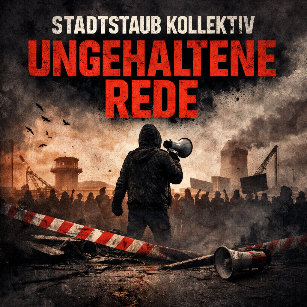 Eine Person mit einem Megaphon steht vor einer Menschenmenge in einer industriellen Umgebung mit Rauch und Kränen. Im Vordergrund liegen ein rotes Band und ein weiteres Megaphon. Der Text lautet STADTSTAUB KOLLEKTIV UNGEHALTENE REDE.
